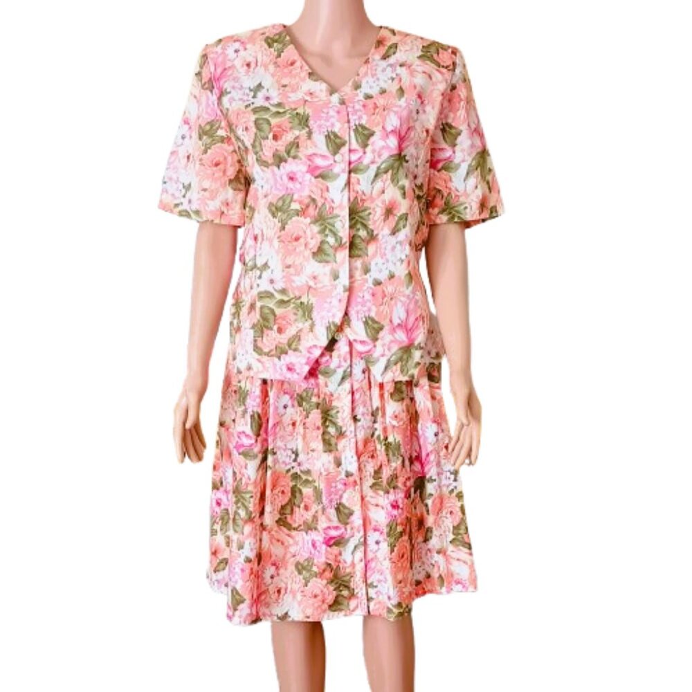 Vtg Floral Skirt & Top Set L Women's 2 Piece Peach & Green Pleated Button Front
